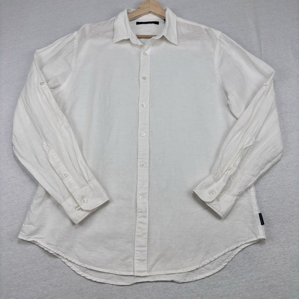 Perry Ellis Shirt L White Linen Cotton Long Sleeve Button Down